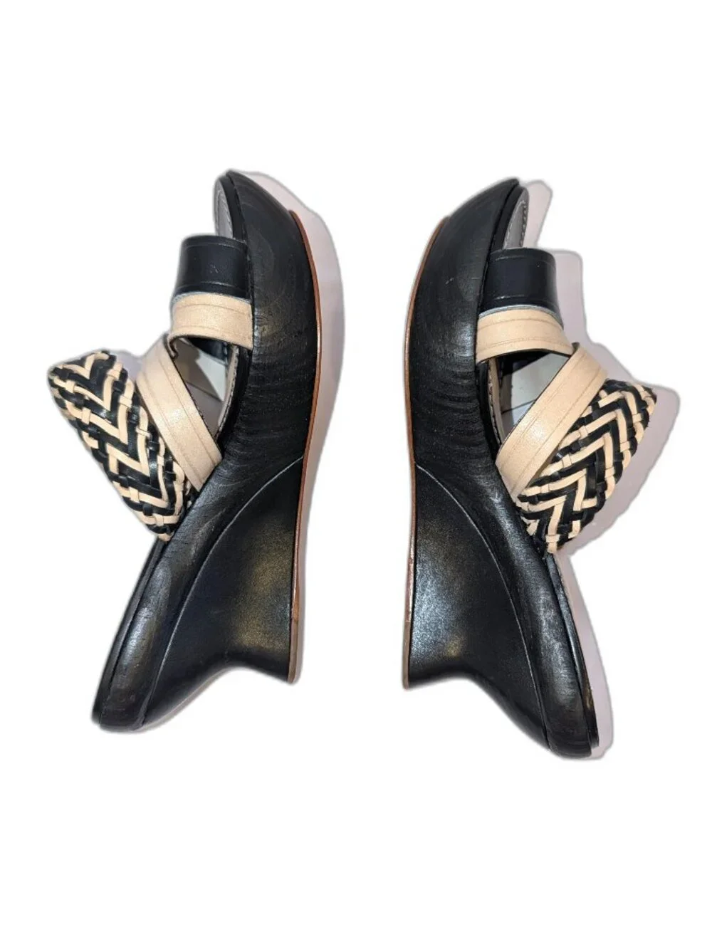 Leifsdottir | Anthropologie Black & Beige Wooden & Leather Wedge Sandals |	EU 38